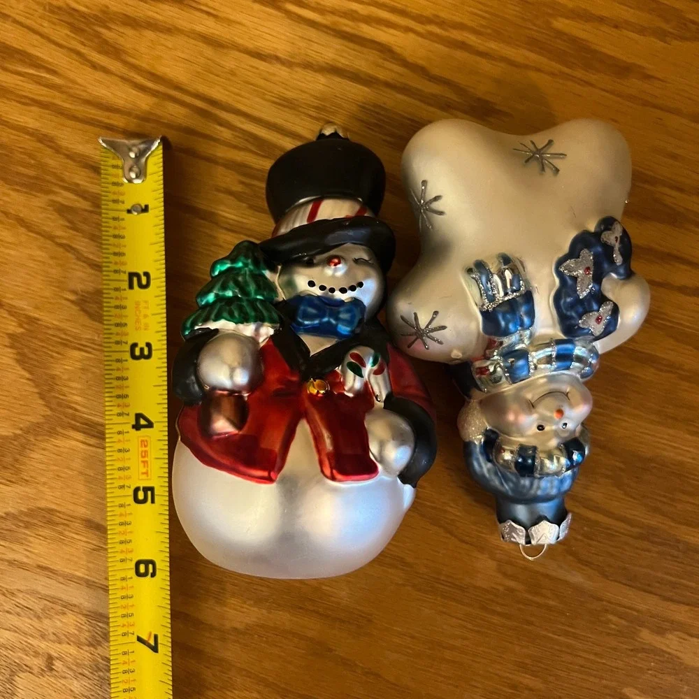 Vintage Snowman Christmas Ornaments Hand Blown Painted Glass Holiday Lot Of 2